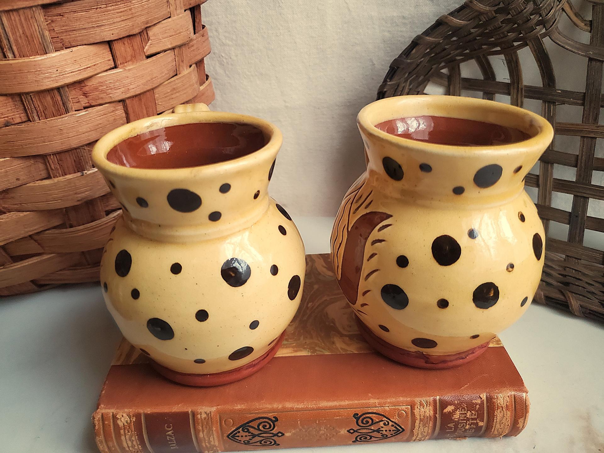 Sgraffito Redware Mugs (2) with Black Dots