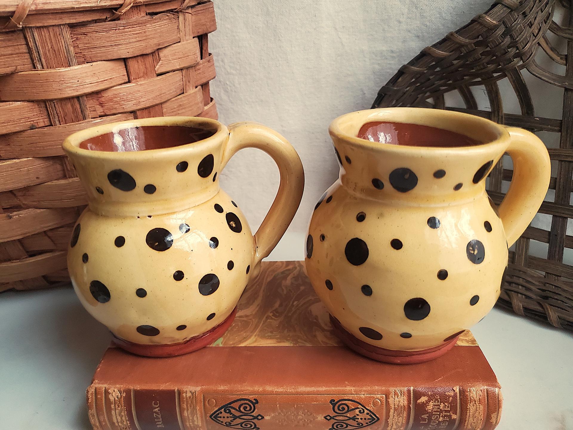 Sgraffito Redware Mugs (2) with Black Dots