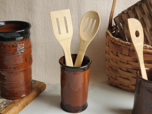 Handmade Redware Utensil Jar with Black Accents