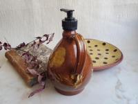 Redware Soap/Lotion Dispenser with Spangles & Daubs Decoration (c)