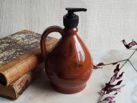 Redware Soap/Lotion Dispenser with Black Flower Motif (d)