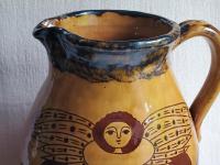 Large Redware Pitcher, Angel with Wings Sgraffito Motif