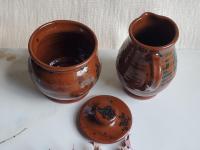 Redware Sugar and Creamer Set with Spangles and Lead Free Glaze (a)