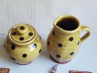Redware Sugar and Creamer Set with Black Dots and Lead Free Glaze