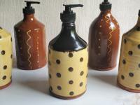 Redware Soap or Lotion Dispenser Bottle with Black Dots (a)