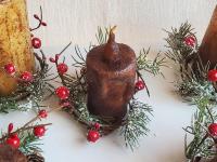 Burnt Mustard Dripped Flicker Pillar BOC - Snowy Pine and Red Berries Candle Ring