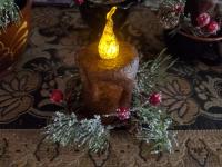 Burnt Mustard Dripped Flicker Pillar BOC - Snowy Pine and Red Berries Candle Ring