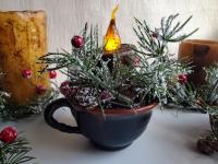 Burnt Mustard Dripped Flicker Pillar BOC - Snowy Pine & Red Berries Ring - Redware Cup