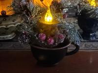 Burnt Mustard Dripped Flicker Pillar BOC - Snowy Pine & Red Berries Ring - Redware Cup
