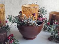 Burnt Ivory Pillar BOC, Snowy Pine & Red Berries Ring in Redware 6 in Bowl, Feather Motif