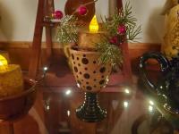 Redware Footed Goblet, Burnt Ivory BOC Pillar, Snowy Pine & Red Berries Ring