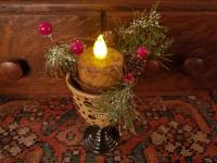 Redware Footed Goblet, Burnt Ivory BOC Pillar, Snowy Pine & Red Berries Ring
