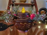 Redware Bowl Feather Motif - Burnt Mustard BOC Pillar - Red Berries Candle Ring