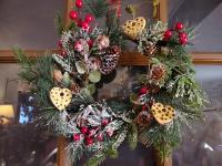 Mini Redware Heart Ornaments - Snowy Pine Wreath with Red Berries