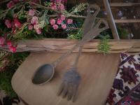 Pair of Rustic Farmhouse Cast Iron Serving Spoon & Fork