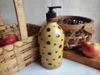 Redware Soap or Lotion Dispenser Bottle with Black Dots