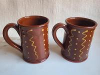 Redware 12 oz. Mugs (2) with "Squiggles and Dots" Slipware Pattern