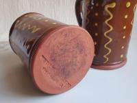 Redware 12 oz. Mugs (2) with "Squiggles and Dots" Slipware Pattern