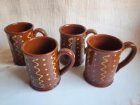 Redware 12 oz. Mugs (4) with "Squiggles and Dots" Slipware Pattern