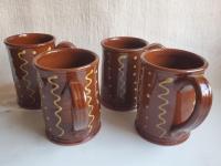 Redware 12 oz. Mugs (4) with "Squiggles and Dots" Slipware Pattern