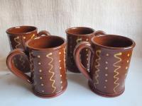 Redware 12 oz. Mugs (4) with "Squiggles and Dots" Slipware Pattern