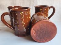Redware 12 oz. Mugs (4) with "Squiggles and Dots" Slipware Pattern