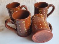 Redware 12 oz. Mugs (4) with "Squiggles and Dots" Slipware Pattern
