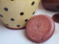 Large Redware 10 in Jar with Black Polka Dot Decoration