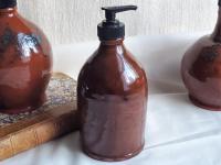 Redware Soap/Lotion Dispenser Bottle with Feather Motif