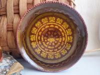 Redware 7 in. Plate with Green and Golden Slip Decoration