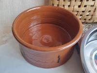 Large Redware Pet Food Bowl with Stainless Steel Insert, Gray Drips and lead Free Glaze
