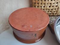 Large Redware Pet Food Bowl with Stainless Steel Insert, Gray Drips and lead Free Glaze