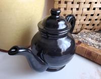 Redware Teapot with Ribbed Handle, Handmade Lead-Free Black Glaze, 16 oz Capacity