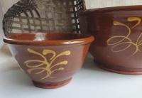 Redware Nesting Bowls in Feather Motif Set - Hand-Glazed and Antiqued Finish