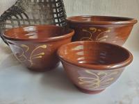 Redware Nesting Bowls in Feather Motif Set - Hand-Glazed and Antiqued Finish