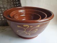 Redware Nesting Bowls in Feather Motif Set - Hand-Glazed and Antiqued Finish