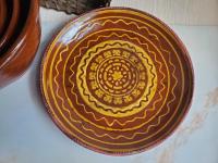 Redware Plate 11 in., Aged Look, Speckled and Slipped Details by Pied Potter Hamelin