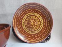 Redware Plate 11 in., Aged Look, Speckled and Slipped Details by Pied Potter Hamelin
