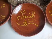 Unique Redware 9 in. Plate with Golden Slip Design, Food Safe and Lead Free