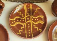Redware 7 in. Plate with Golden Slip Motif, Food Safe, Antiqued