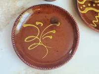 Redware 7 in. Plate with Golden Slip "Feather" Motif, Food Safe, Antiqued