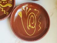 Redware 7 in. Plate with Golden Slip Motif, Food Safe, Antiqued