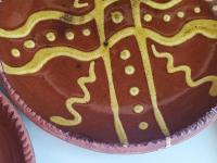 Redware 7 in. Plate with Golden Slip Motif, Food Safe, Antiqued