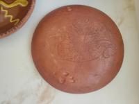 Redware 7 in. Plate with Golden Slip Motif, Food Safe, Antiqued