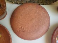 Redware 7 in. Plate with Golden Slip Motif, Food Safe, Antiqued