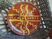 Redware 7 in. Plate with Golden Slip Motif, Food Safe, Antiqued