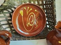 Redware 7 in. Plate with Golden Slip Motif, Food Safe, Antiqued