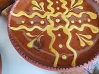 Redware 7 in. Plate with Golden Slip Motif, Food Safe, Antiqued