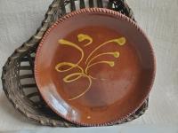 Redware 9 in. Plate with "Feather" Golden Slip Motif, Food Safe, Antiqued