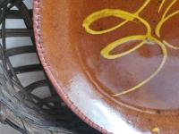 Redware 9 in. Plate with "Feather" Golden Slip Motif, Food Safe, Antiqued